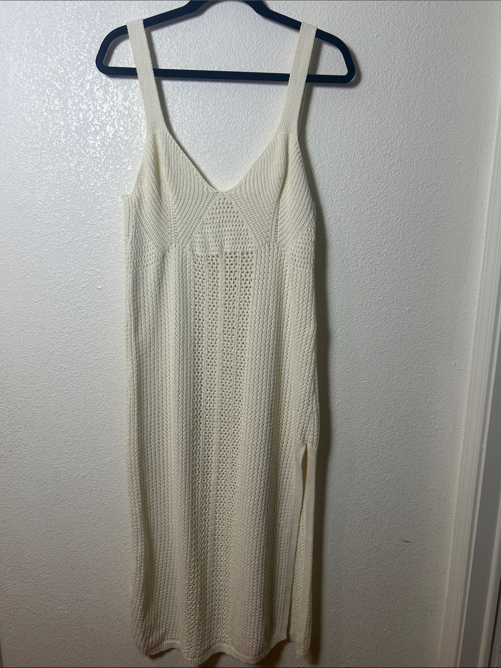 By Anthropologie Cream Open Knit Crochet Maxi Dress Side Slit XL